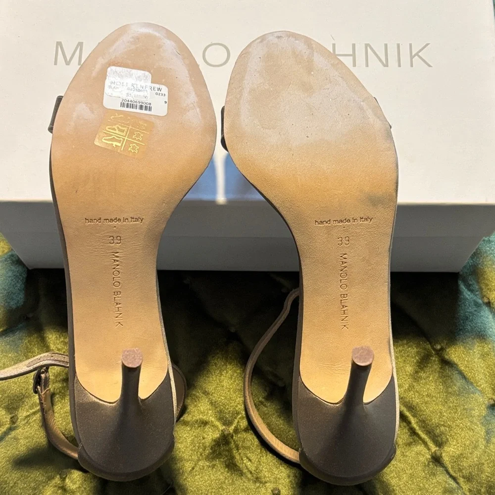 Manolo Blahnik Metallic Satin Ankle-Strap Stiletto Sandals - Picture 7 of 12